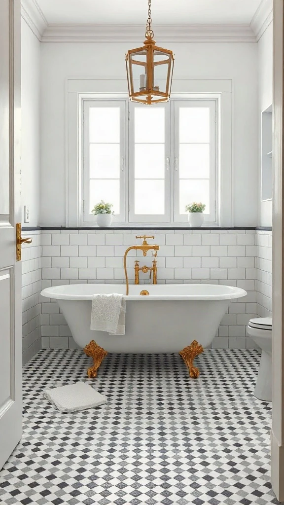 3D Floor Plan Online Creator Victorian bathroom with penny tiles and clawfoot tub modeled in online bath design tool