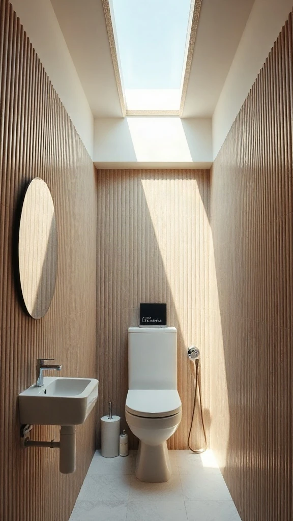 High-ceilinged modern toilet layout with frosted clerestory ribbon windows and ribbed wall tiles. - Modern Water Closet Floor Plan Layout - Modern Toilet Floor Plan Layout - Small Toilet Andamp; Water Closet Floor Plan Layout Ideas