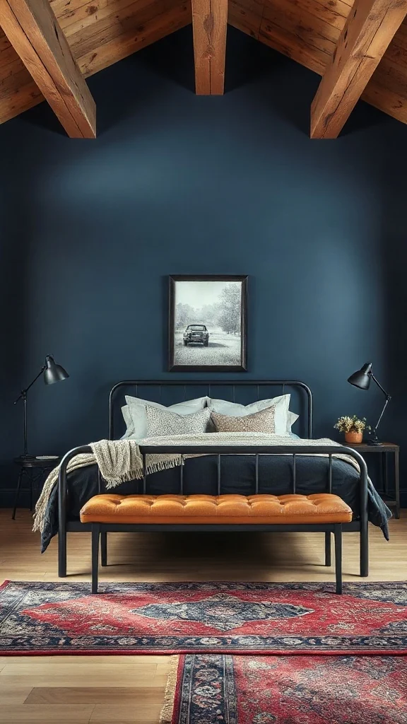 Cognac brown leather bench and pillows against a deep midnight blue bedroom accent wall - Navy Blue Bedroom