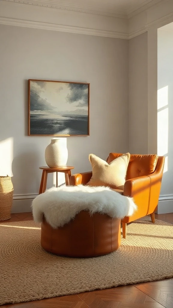 Cognac leather lounge chair paired with a fluffy ivory shearling ottoman on a chunky jute rug. - Inviting Home Design