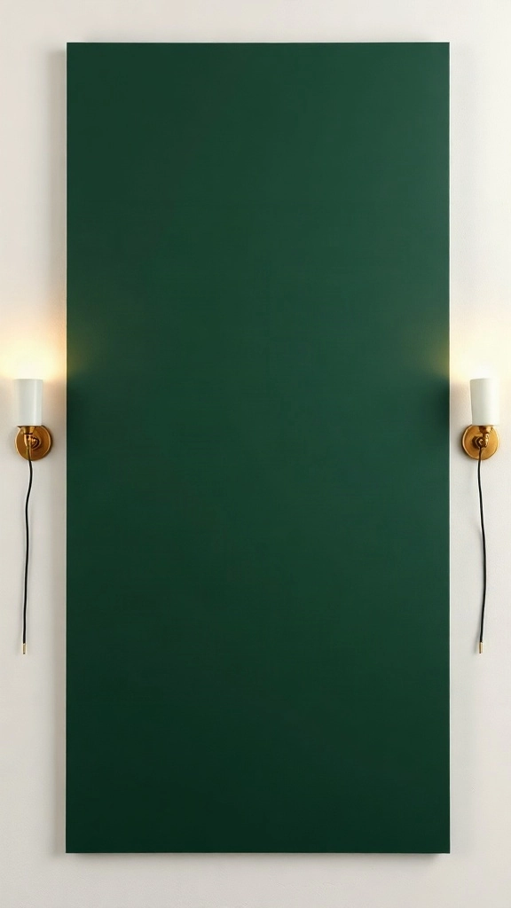 Forest green painted color block accent panel with modern brass sconces illuminating framed artwork.