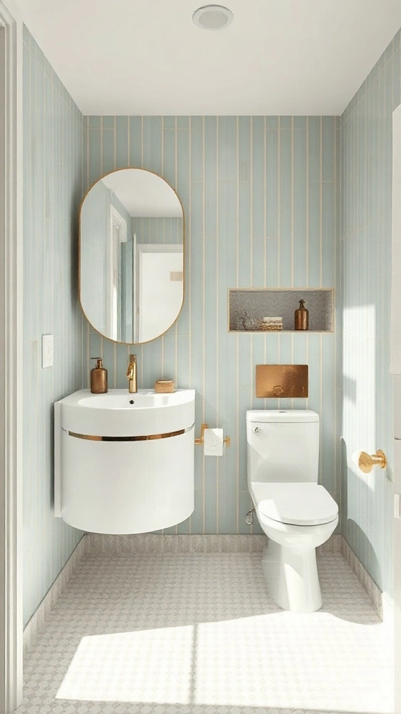Compact master bathroom blueprint under 50 square feet with a floating corner white vanity. - Master Bathroom Layouts