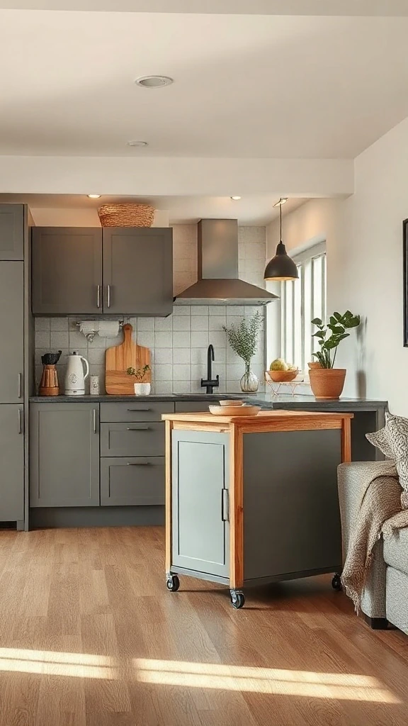Compact L-shaped kitchen with grey cabinets and a mobile wooden prep cart.