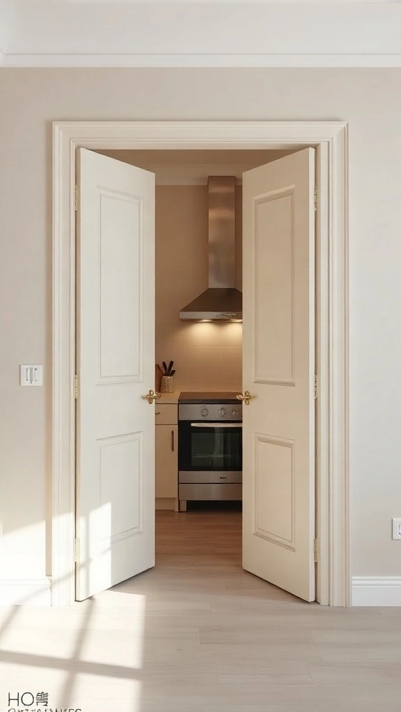 Modern painted pocket doors sliding back to reveal a hidden kitchenette nook in a studio apartment. - Studio Apartment Kitchen