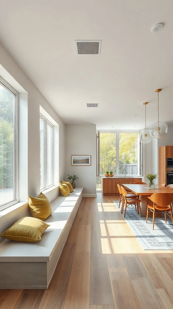 Long built-in window seat running along glass wall connecting dining and living zones.