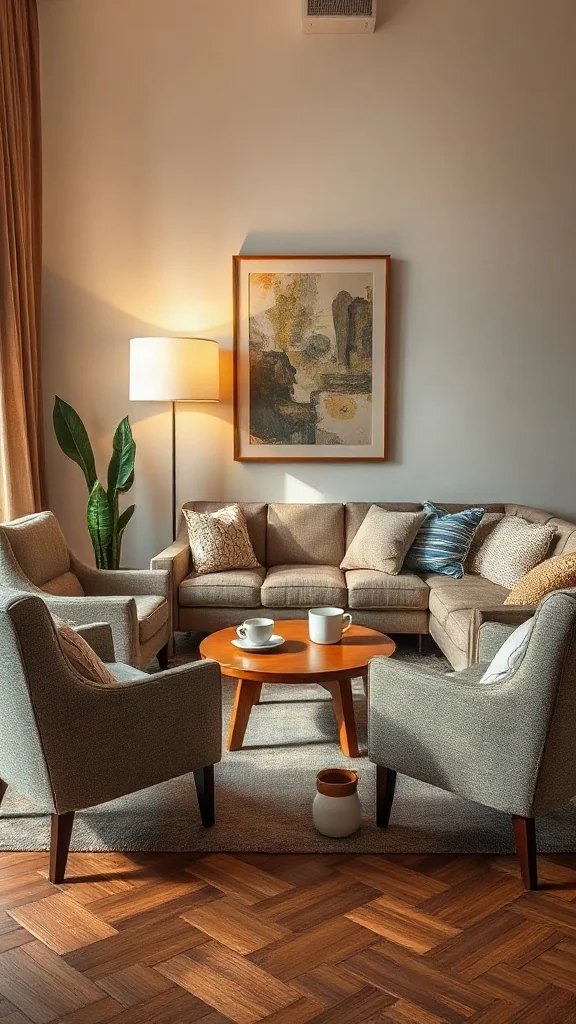 Intimate conversational seating arrangement with two low-profile armchairs facing a soft sofa. - Inviting Home Design