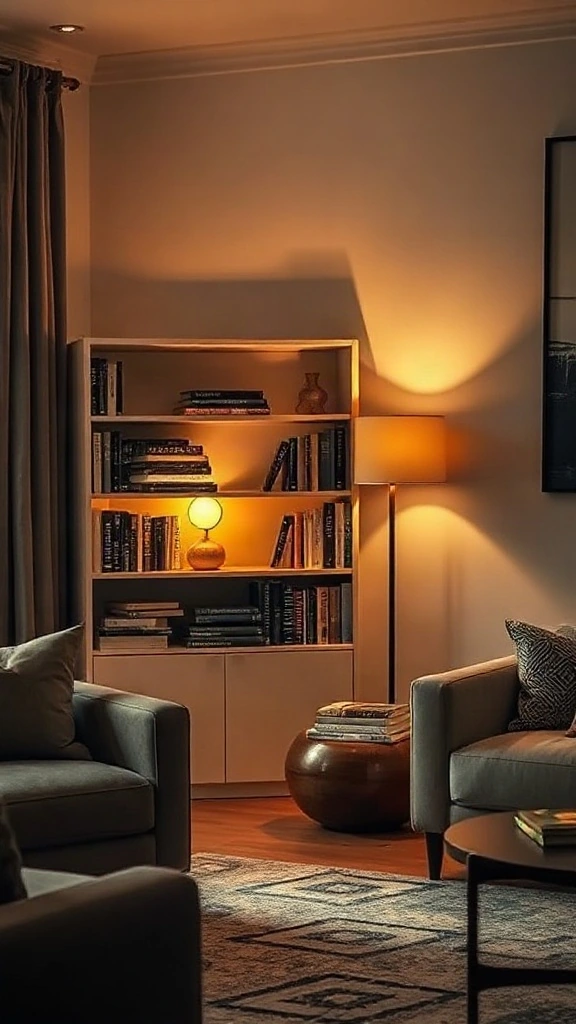 Sleek brass cordless rechargeable micro lamp casting a warm glow inside a dark bookshelf corner. - Inviting Home Design