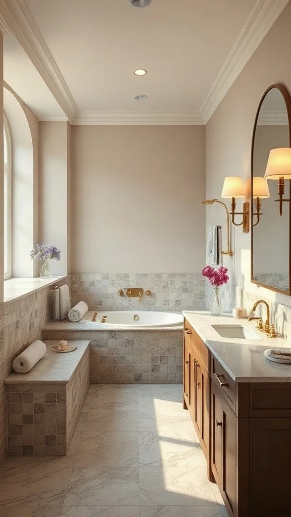 Custom tiled corner alcove tub facing a slim vanity in a rectangular master bathroom layout.