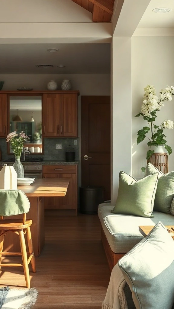 Custom built-in corner banquette with sage velvet cushions bridging kitchen and living.