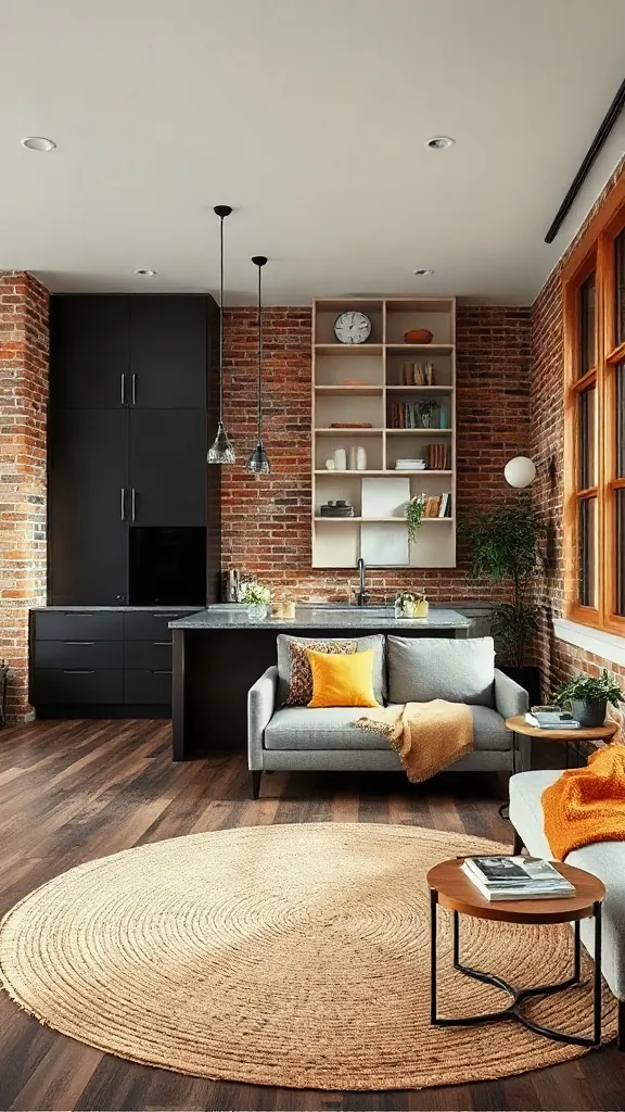 Corner kitchen with dark charcoal cabinets, exposed brick, and diagonal living area.
