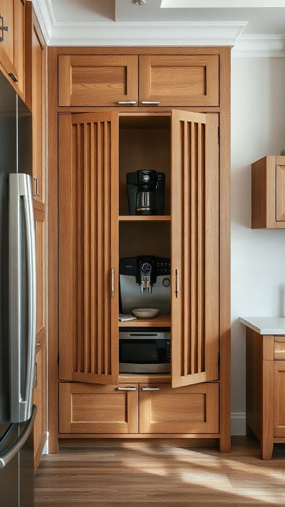 Fluted oak vertical tambour door rolled up to reveal an espresso machine inside a kitchen corner. - Studio Apartment Kitchen