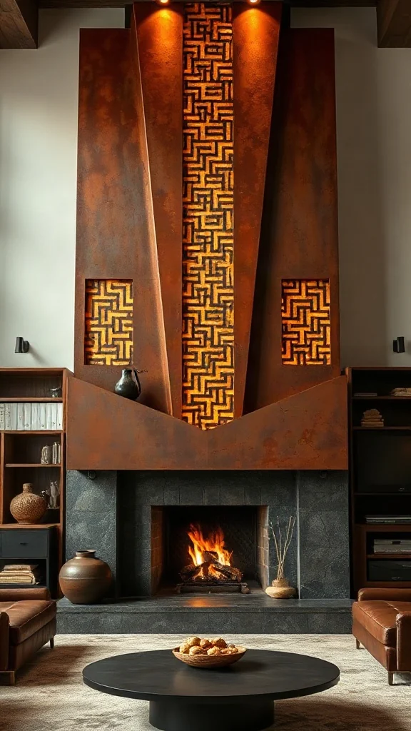 Two story fireplace ideas featuring weathered Corten steel with laser-cut geometric reliefs.