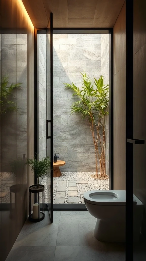 Organic modern toilet layout with floor-to-ceiling glass looking onto a private bamboo courtyard. - Modern Water Closet Floor Plan Layout - Modern Toilet Floor Plan Layout - Small Toilet Andamp; Water Closet Floor Plan Layout Ideas