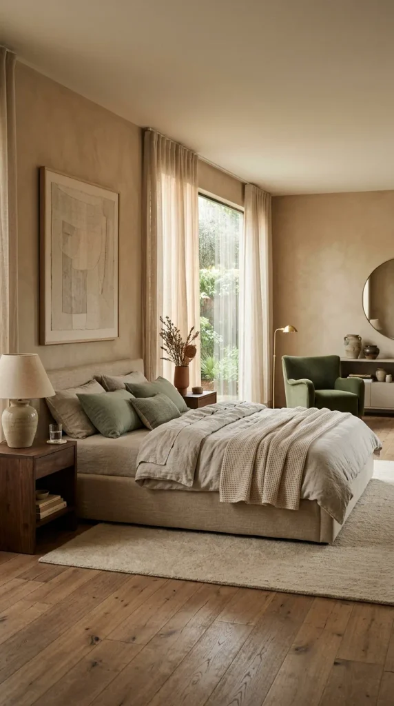 Ultra-comfortable low platform bed with textured natural flax linen, stone-washed duvet, and sage accent cushions in a cozy master bedroom.