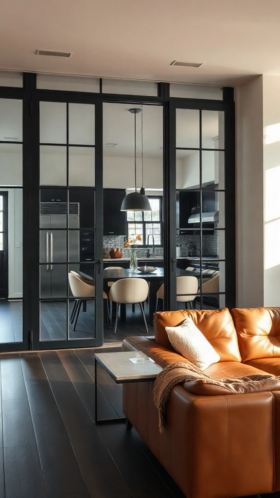 Black steel-framed Crittall glass doors dividing a black kitchen and leather loft living room.