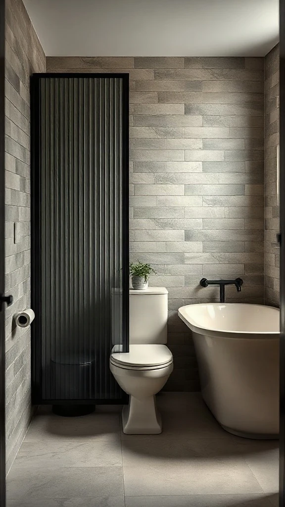 Crittall-style black metal fluted glass screen separating a wall-hung toilet layout. - Modern Water Closet Floor Plan Layout - Modern Toilet Floor Plan Layout - Small Toilet Andamp; Water Closet Floor Plan Layout Ideas