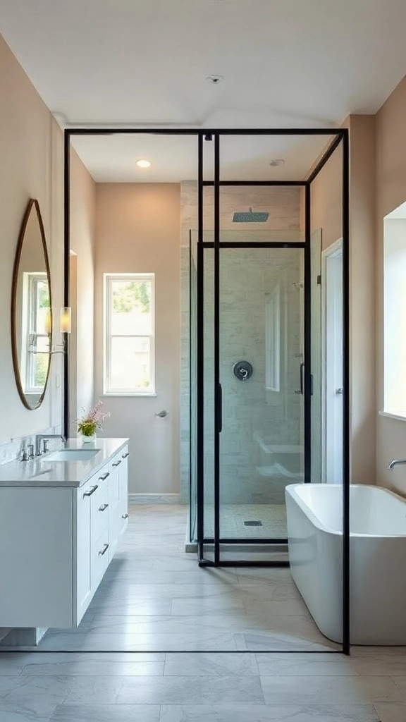 Black steel Crittall glass partition in a long narrow rectangular master bathroom layout.