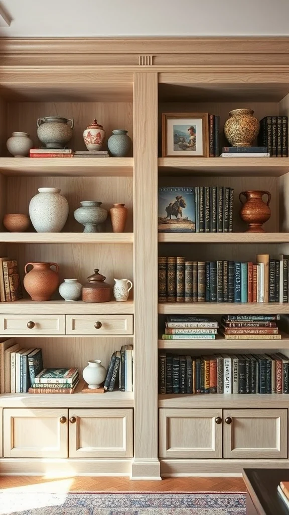 Built-in white oak bookshelves curated with vintage stoneware and art monographs.