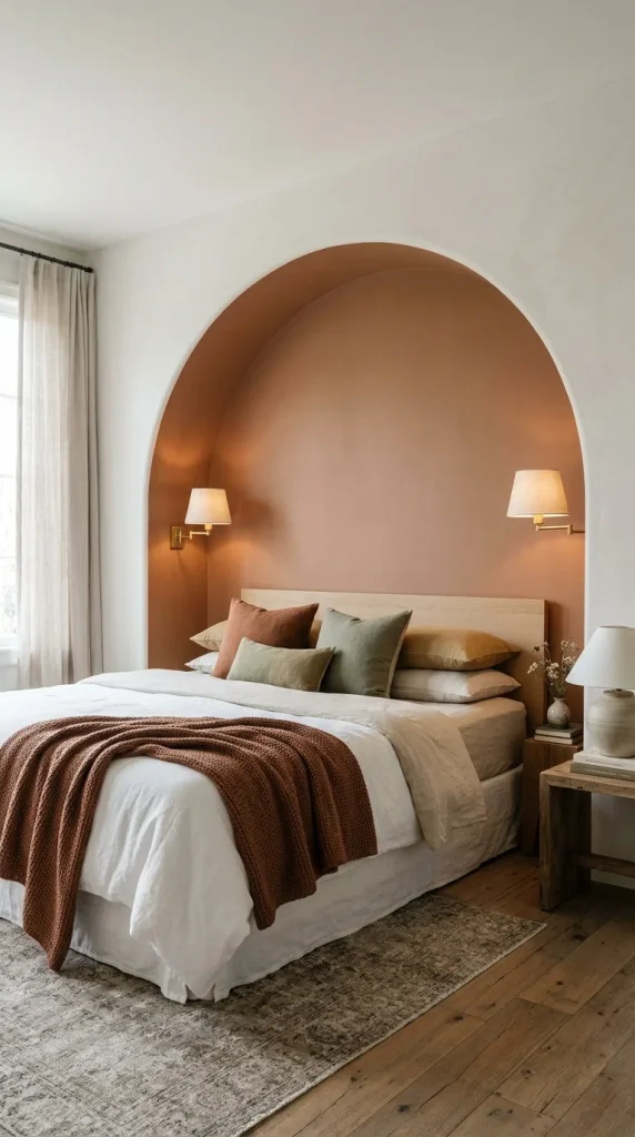 Curved plaster archway framing a king-size bed alcove with warm earthen clay paint and integrated reading sconces.