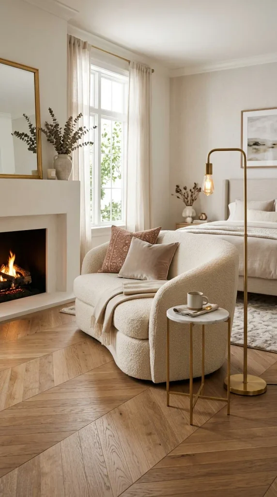 Cozy master bedroom seating area with a curved cream bouclé loveseat near a minimalist fireplace, brass floor lamp, and marble drink table on chevron oak floors.