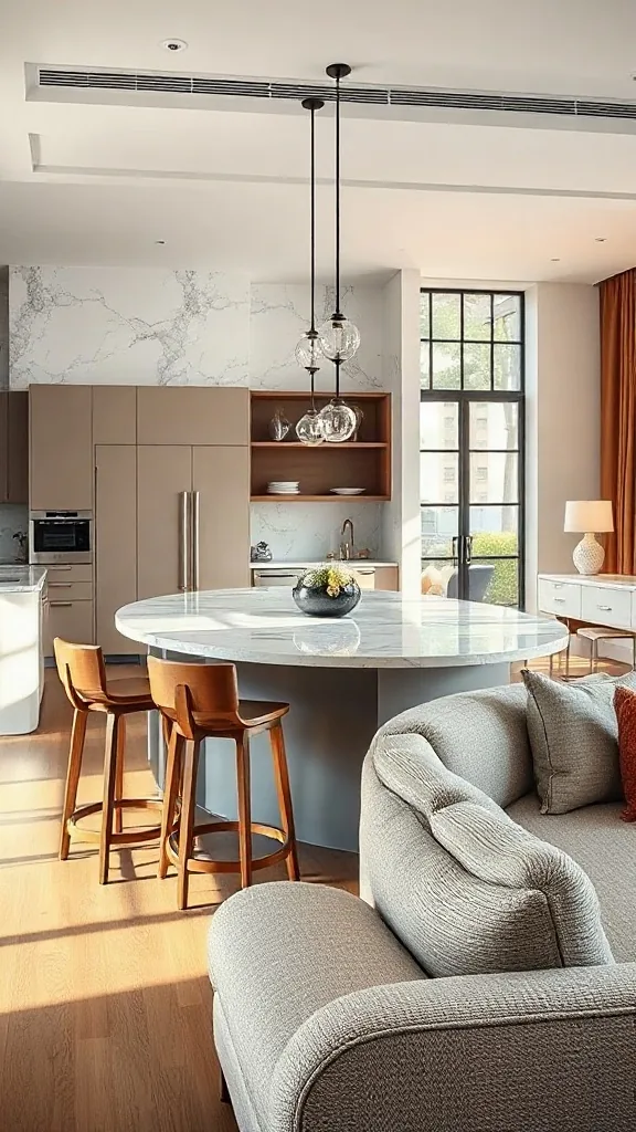 Curved marble kitchen island with radial barstools facing a curved boucle sofa.