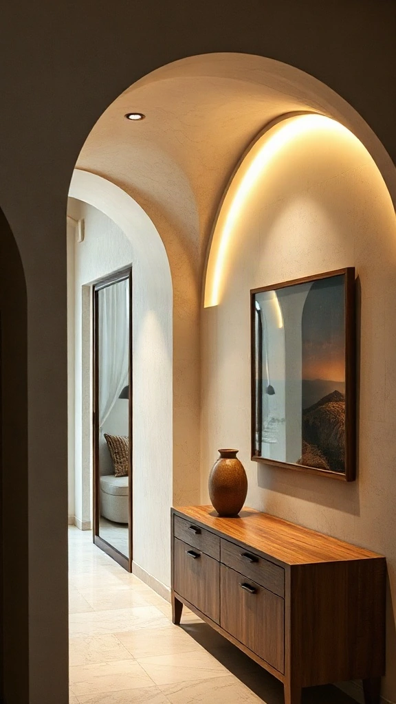 Curved plaster archway illuminated with warm concealed LED cove lighting in an inviting living room. - Inviting Home Design