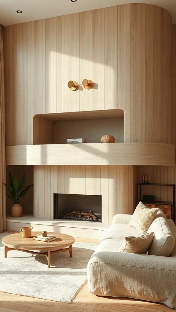 Two story fireplace ideas featuring a curved chimney breast wrapped in pale white oak tambour.