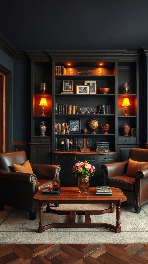 Dark academia library room with navy walls, mahogany shelves, and leather club chairs.