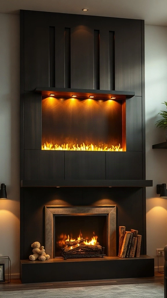 Two story fireplace ideas featuring oil-rubbed bronze metal panels with LED shadow gaps.