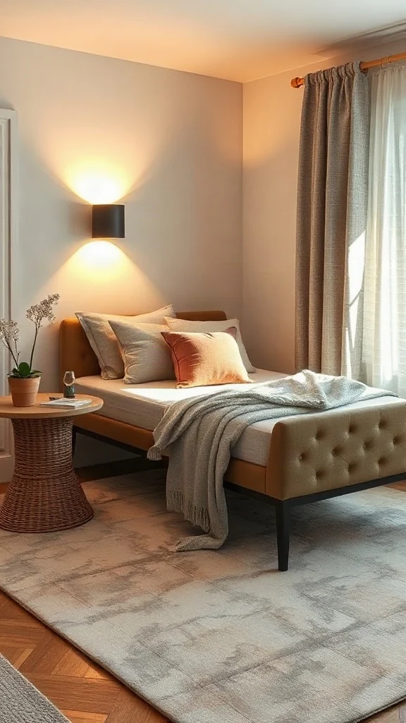 Upholstered twin daybed styled with accent pillows and linen drapery in spare room.