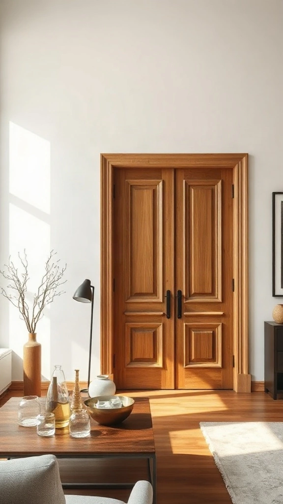 Reclaimed French antique carved oak doors hung as architectural wall art on a double-height white wall.
