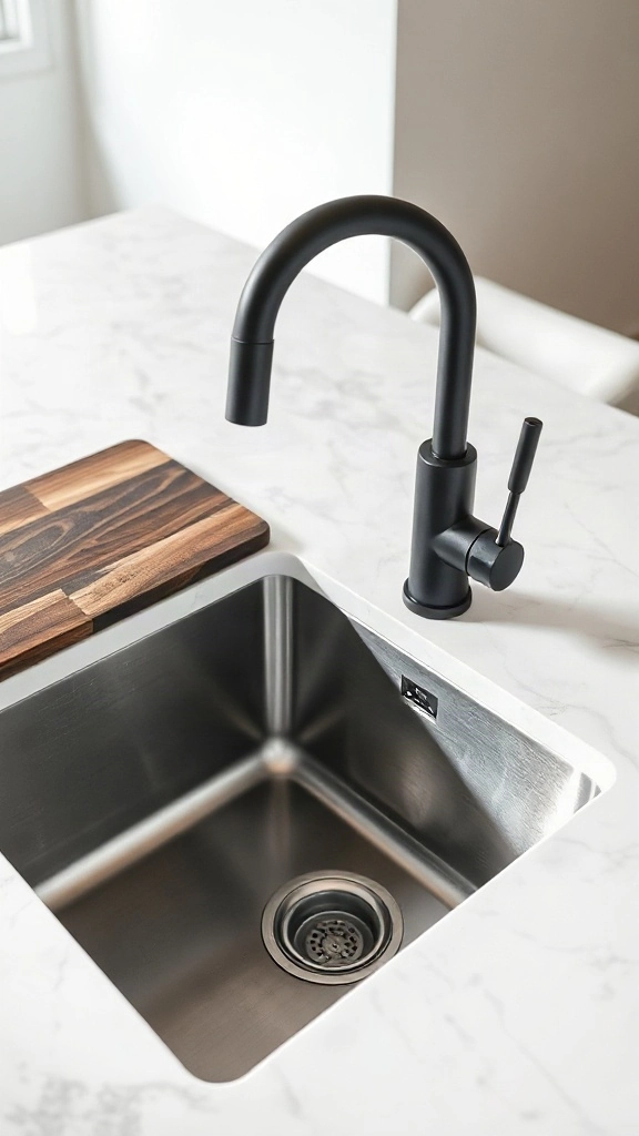 Deep stainless steel undermount sink with matte black faucet and wood cutting board in a small kitchen. - Studio Apartment Kitchen