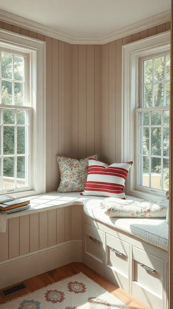 Built-in window seat nook with deep cushion seating in a cottage lounge. - Cozy Cottage Sitting