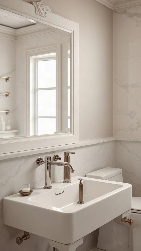 Delta Faucet Virtual Bath Creator Polished nickel plumbing fixtures and marble trim rendered in online bath design tool