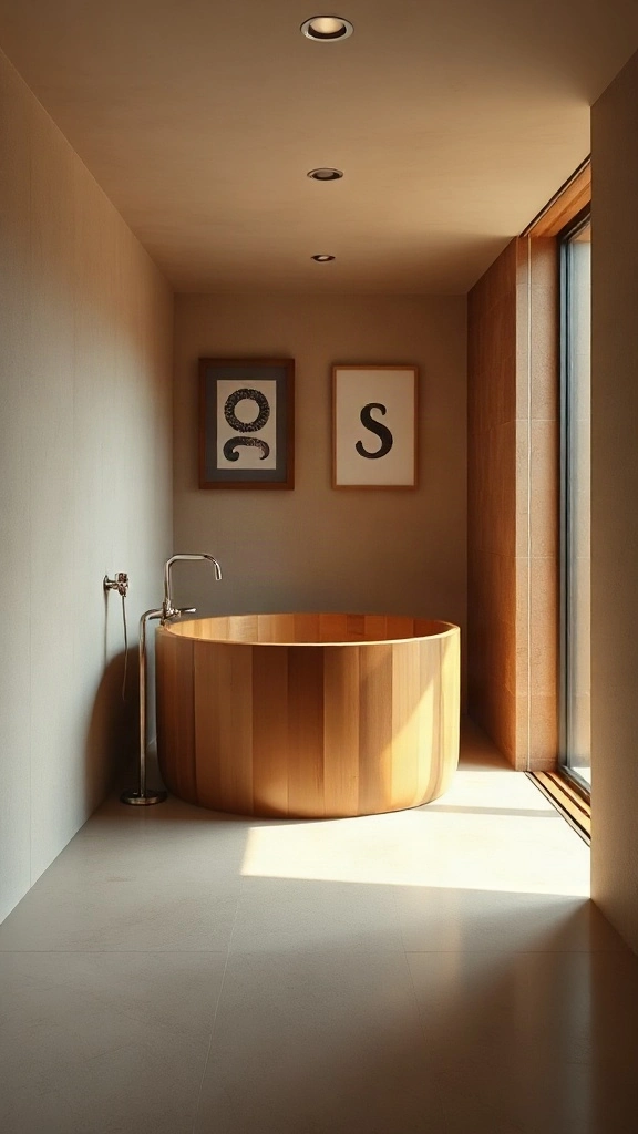 Japanese cedar ofuro tub set diagonally in a rectangular master bathroom layout alcove.