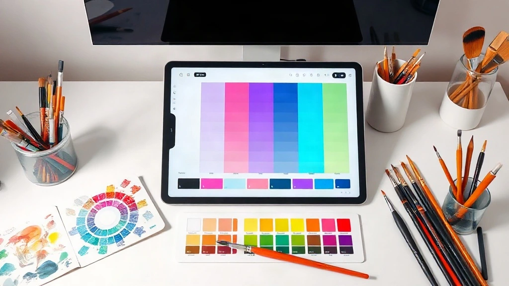 Graphic tablet displaying digital green swatches and hex codes beside physical paint swatches and brushes. - Colors Make Green