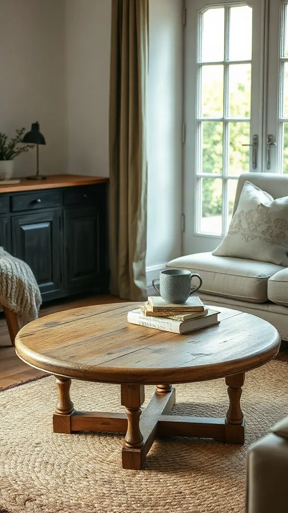 Round antique pine coffee table with heavy distressing in a small lounge. - Cozy Cottage Sitting