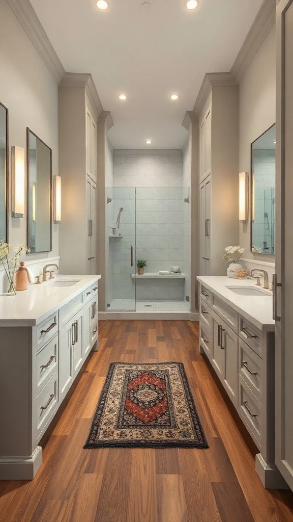 Double galley rectangular master bathroom layout with parallel storage and dual grooming stations.