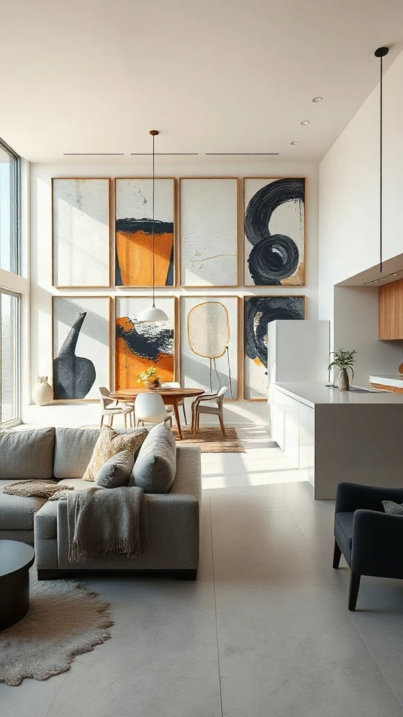 Massive double-height gallery wall of abstract art opposite minimalist white kitchen.