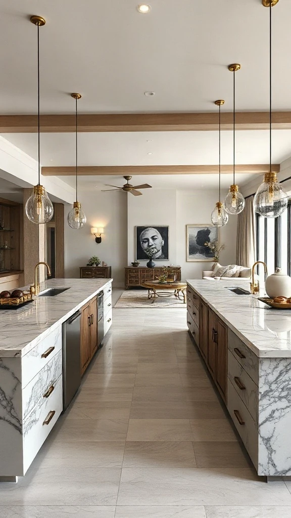Double marble-topped kitchen islands with brass fixtures in a grand open space.