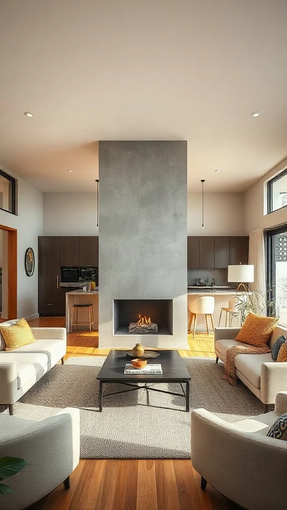 Double-sided concrete fireplace separating minimalist kitchen and warm living room.