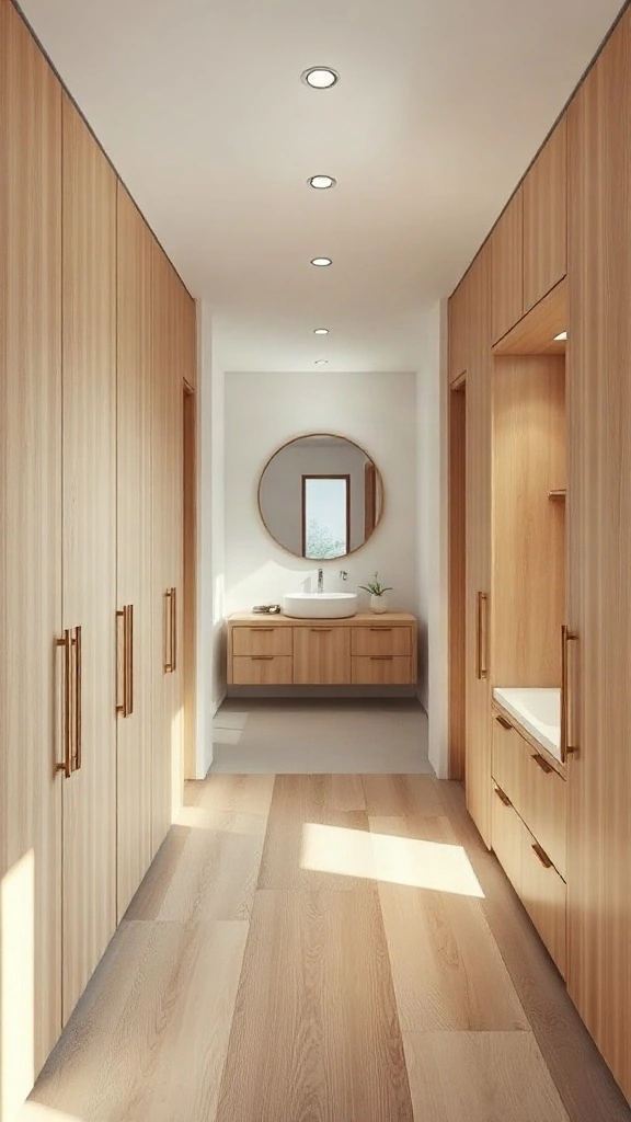 Integrated dressing corridor with oak closets in a rectangular master bathroom layout.