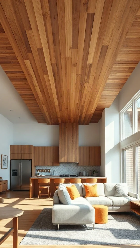 Dropped wood-paneled ceiling feature over kitchen contrasting with high living ceiling.