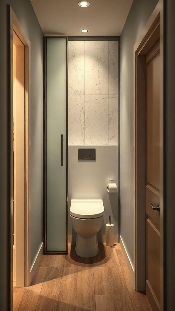 Split-path corridor toilet layout accessible via frosted sliding panels from two sides. - Modern Water Closet Floor Plan Layout - Modern Toilet Floor Plan Layout - Small Toilet Andamp; Water Closet Floor Plan Layout Ideas