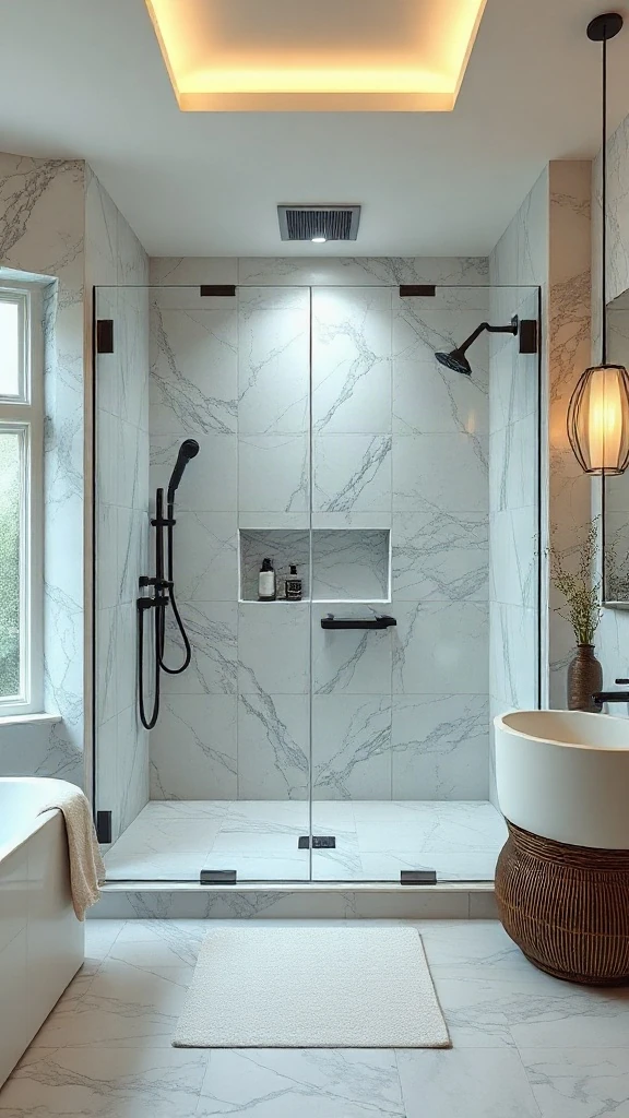 Central glass-walled shower box master bathroom layout with dual doorless entries. - Master Bathroom Layouts