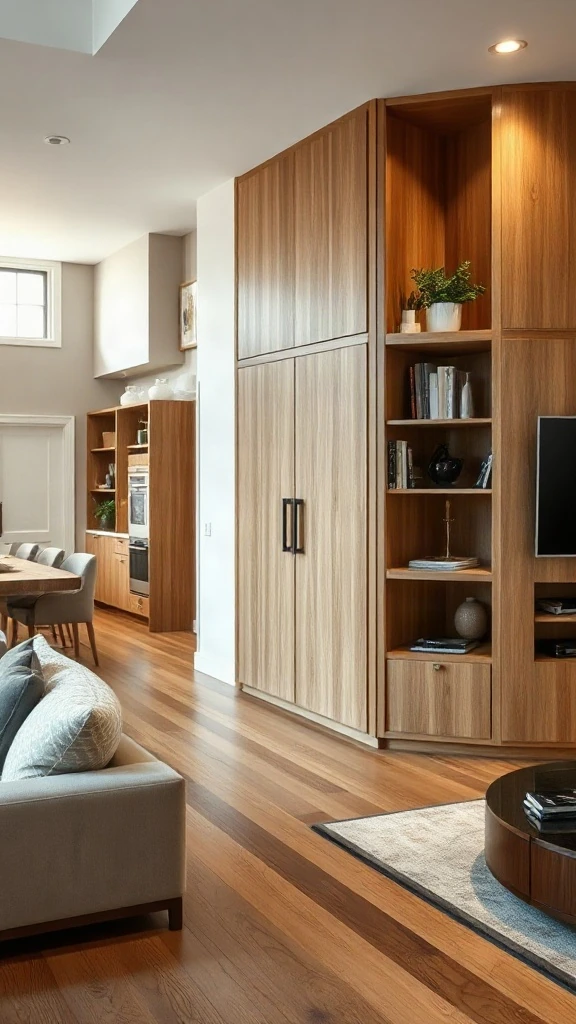 Mid-height custom oak storage spine with kitchen pantry and living media shelving.