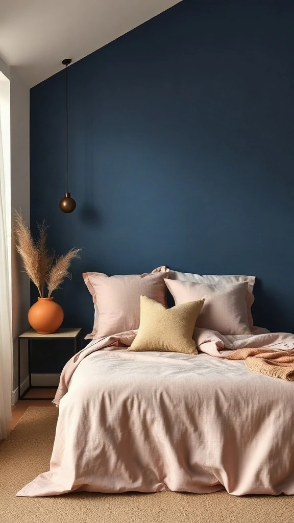 Navy accent wall in bedroom styled with dusty rose linen bedding and terracotta pottery - Navy Blue Bedroom