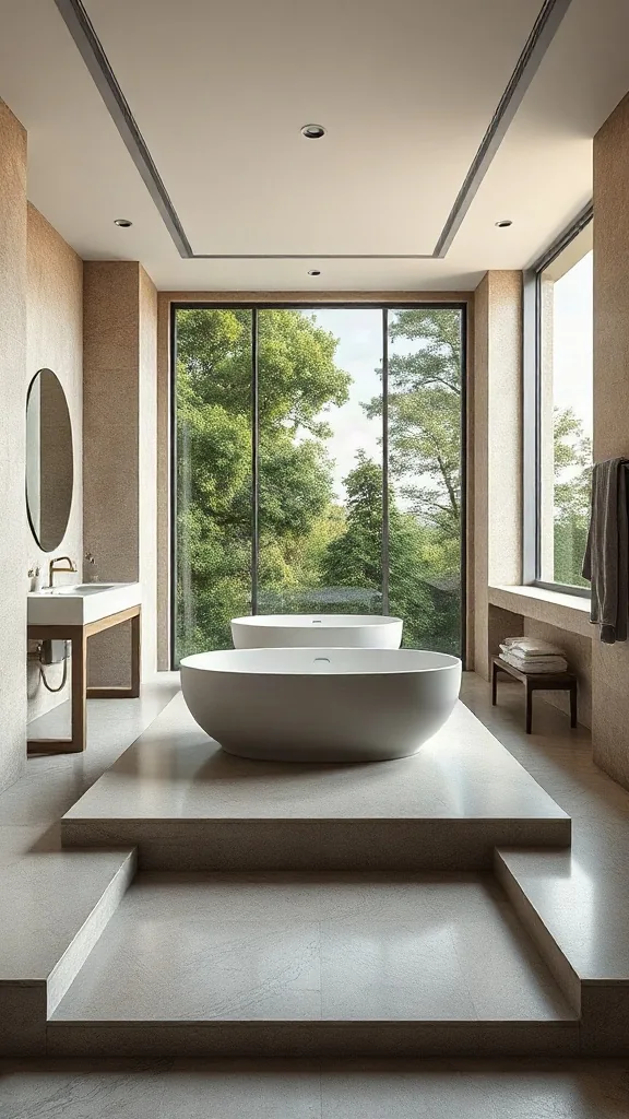 Elevated limestone platform spa zone with oval tub in a rectangular master bathroom layout.