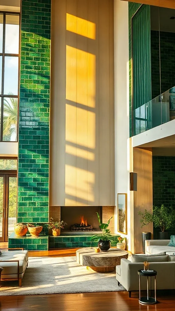 Two story fireplace ideas displaying a column wrapped in emerald green glazed Zellige tiles.