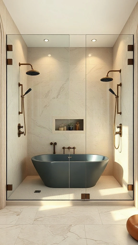 Expansive glass wet room layout with a monolithic divider wall and matte charcoal freestanding tub. - Master Bathroom Layouts